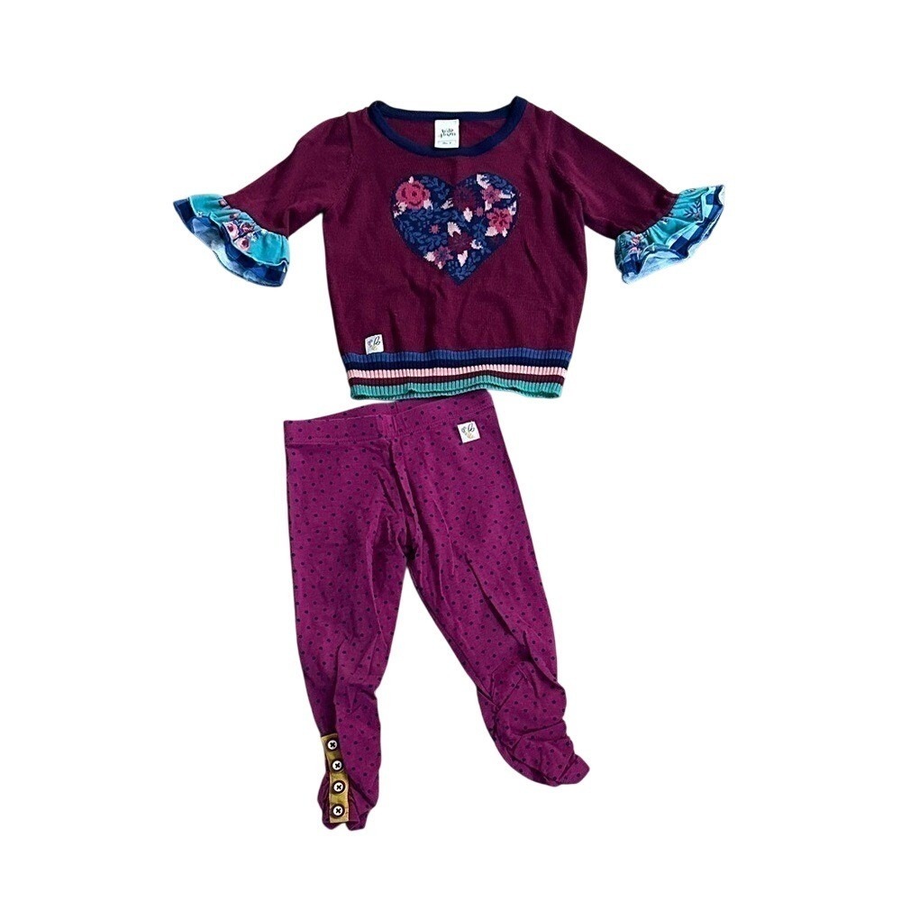 Wild Flowers Kids Burgundy Heart Ruffle Sleeve Sweater Pants Set Size 2‎